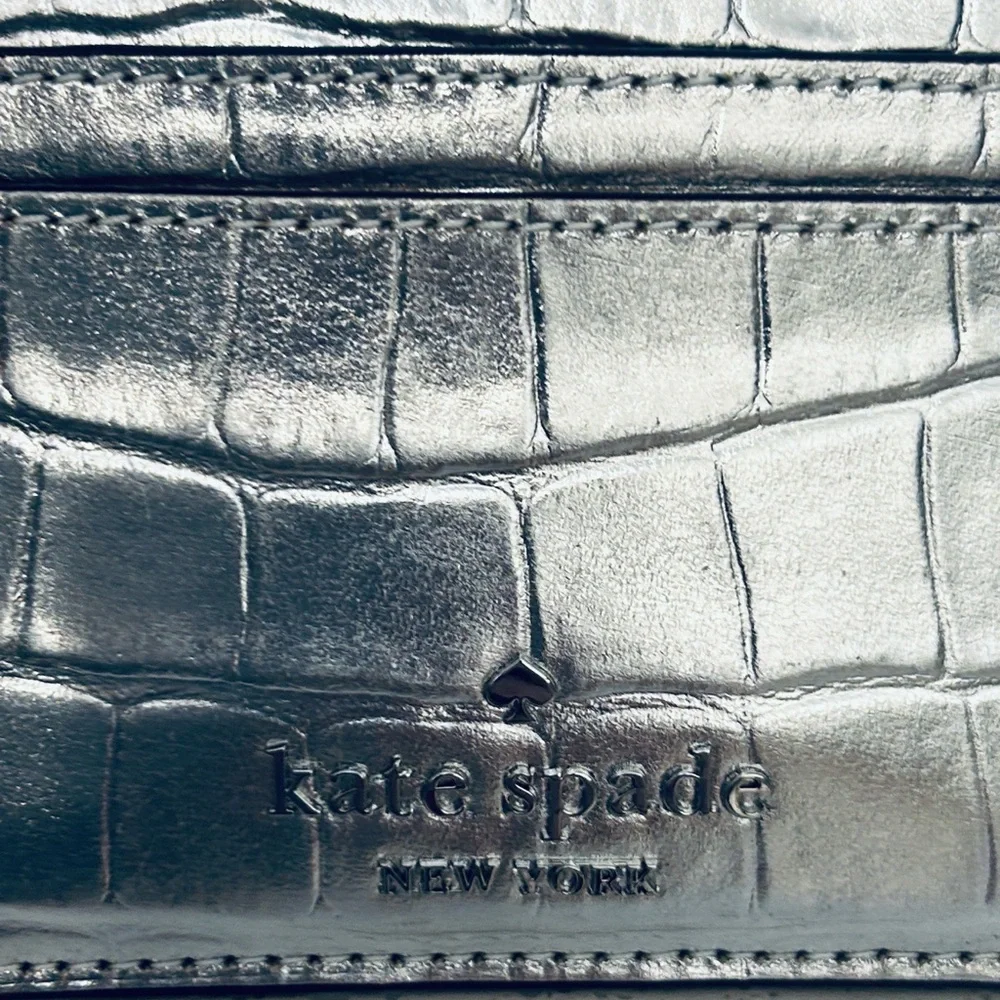 Kate Spade Madison Croc Embossed Slim Card Holder Silver NWT
